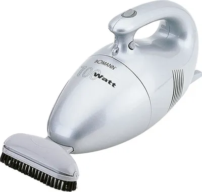 A silver handheld vacuum cleaner with a brush attachment is shown against a white background.