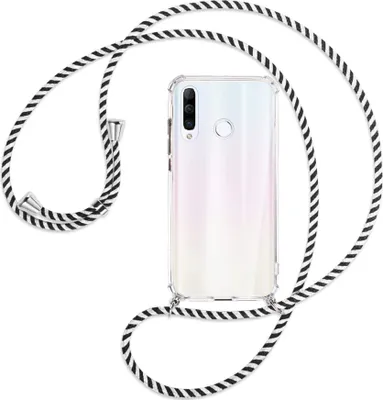 Produktbild von Handykette Backcover-Schutzhülle mit Band (Metall silberfarben) für Huawei P30 Lite - schwarz/weiß gestreift