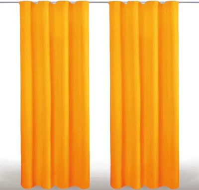 Two orange curtains hanging on a rod against a white background.