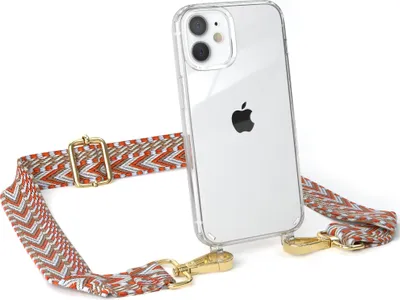 Produktbild von EAZY CASE Handykette - Verstellbarer Trageriemen kompatibel mit Apple iPhone 12 Mini, Handykordel mit transparenter Silikon-Hülle, Band in Orange