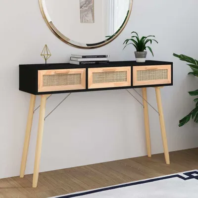 Productafbeelding van vidaXL Console tafel, zwart, 105x30x75cm, massief hout, naturel, riet - Console tafel - Console tafels - Tafel - Tafel voor de hal
