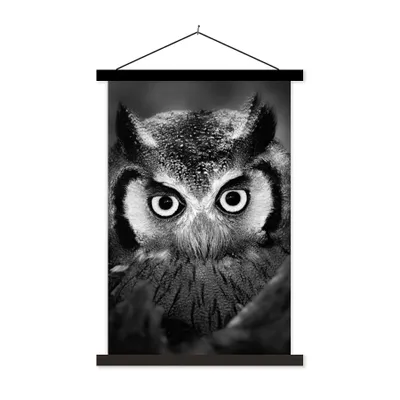 Produktbild von MuchoWow® Textilposter Vogel - Eule - Porträt - Schwarz - Weiß 120x180 cm mit schwarzem Rahmen - Fotos