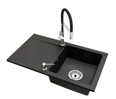 Produktbild von Granit Küchenspüle LEON Einbecken mit Abtropffläche inkl. Armatur Venice, Seifenspender und Raumsparsiphon Chrom