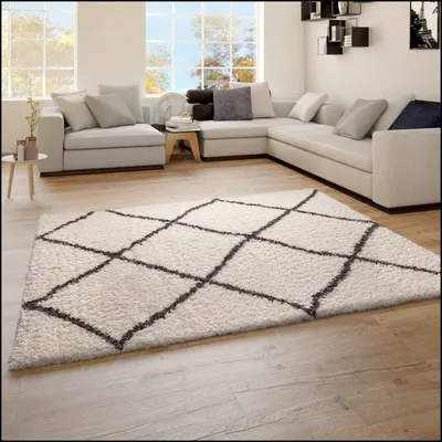 Produktbild von TT Home Teppich Wohnzimmer Hochflor Shaggy Skandi Design Mit Rauten Moderner Langflor Größe 80x150 cm
