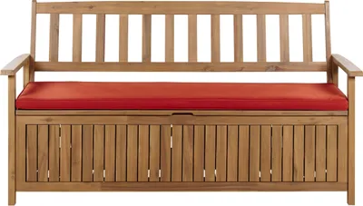 Produktbild von BELIANI 3-Sitzer Gartenbank Hellbrun Akazienholz 160 cm mit Stauraum Auflage Rot Armlehnen Rückenlehne Latten-Optik Garten Terrasse Wintergarten