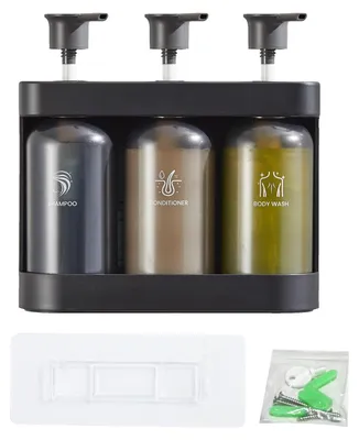 Obrázek produktu pro Dávkovač sprchového mýdla pro montáž na zeď, 3 přihrádky, na šampon, kondicionér a tělové mýdlo, do koupelny a hotelu, 380 ml na láhev, tmavě šedý