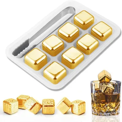Produktbild von Whisky Steine Edelstahl Set, Whisky Eiswürfel Wiederverwendbar, mit Kieselgel Eisclip, Gold, 8 Stück
