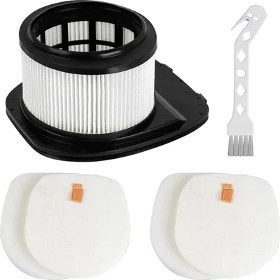 A set of vacuum cleaner filters and a cleaning brush are arranged on a white background.