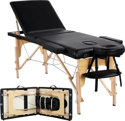 Produktbild von Yaheetech Massagelige Massagebett höhenverstellbar, klappbare Massagetisch mit Holzfüßen, Zubehör & Tragetasche, Schwarz