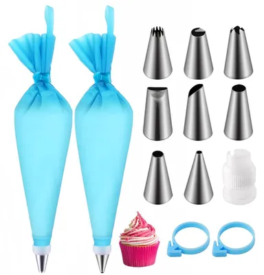 Produktbild von Spritzbeutel Set mit 8 Tüllen, 2 Spritzbeutel, 1 Adapter, wiederverwendbar, für Gebäck & Torten