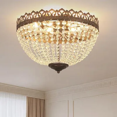 Image de Plafonnier vintage en cristal, rond, douille E14, noir et or, 3 lumières, base en fer bronze antique, lustre en cristal, idéal pour salon, salle à manger, villa. Puissance : 60W. Diamètre : 46 cm.