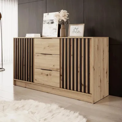 Produktbild von Kommode Stilo Eiche Artisan mit Lamellen – 155 cm, 2 Türen, 3 Schubladen, Sideboard Modern