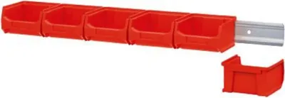 Produktbild von Wandleiste mit 6x Rote Sichtlagerbox 1.0 | HxBxT 6,1x60,5x10cm | Wandhalterung, Kleinteileaufbewahrung, Sortimentsboxhalterung