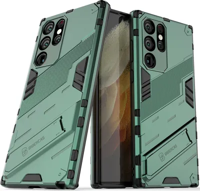 Produktbild von Armor Hülle für Samsung Galaxy S22 Ultra 5G, Hybrid PC TPU Bumper Stoßfestes Schutzhülle mit Standfunktion Grün
