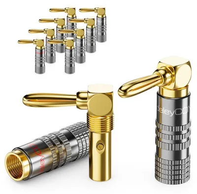 Produktbild von deleyCON Bananenstecker Set 90° gewinkelt, vergoldet, schraubbar, 10 Stück