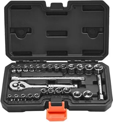Image de Jeu de clés à douille - 27 pièces - Entraînement 6,3 mm - Jeu de cliquets - SAE et métrique - Rallonge - Coffret de rangement - Acier chrome-vanadium CR-V