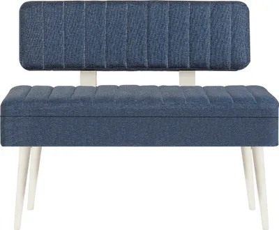 A front view of a blue upholstered bench with white legs.
