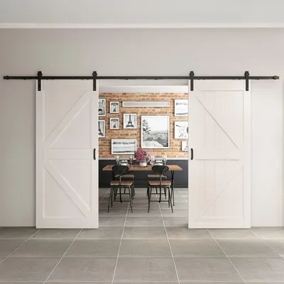 Produktbild von inova Doppelflügelige Holzschiebetür 1800 x 2150 mm, Scheunentor Weiß, Komplettset mit schwarzem Beschlag, Softclose beidseitig