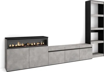 Produktbild von Wohnwand Wohnzimmer, 310x35x186cm, Für TV-Geräte bis zu 65", Elektrokamin, Zementgrau