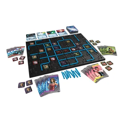 A board game with a grid-based board, cards, and tokens, arranged on a white background.