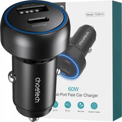 Image de Choetech 60W 2Xusb-C+Usb-A Chargeur de voiture (Noir)