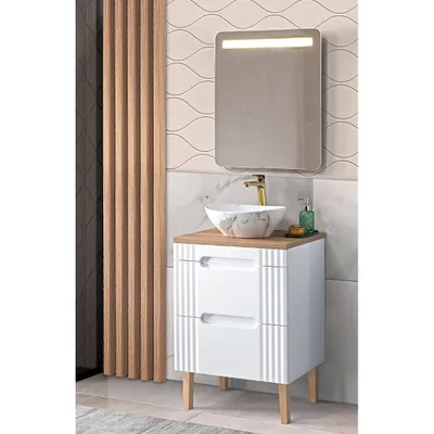 Produktbild von Badmöbelset weiß 60cm Waschtisch mit Waschbecken, LED-Spiegel, FAIRFIELD-56