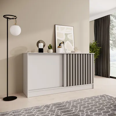 Produktbild von BEAUTYSOFA | Kommode HORIZON 160 cm Weiß, Schwarz mit Lamellen Sideboard mit 2 Schiebetüren, Modernes Design, viel Stauraum