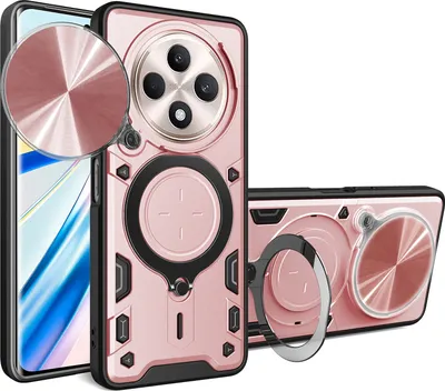Produktbild von Handyhülle für Oppo Reno12 F 5G Dual-Layer Stoßfest Rüstung Hülle mit Dia Kameraschutz und Kreisförmig Ring Ständer Roségold