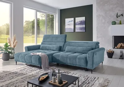Produktbild von Wohnlandschaft >Wolve< elektr. Sitsverstellung, 2 Kissen, Cord blau - 277x108x179cm (BxHxT)