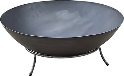 A dark gray, metal fire bowl on a stand, isolated on a white background.