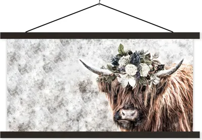 Produktbild von MuchoWow® Textilposter Schottisches Hochlandrind - Rosen - Rauch 120x60 cm mit schwarzem Rahmen - Dekoration Schlafzimmer