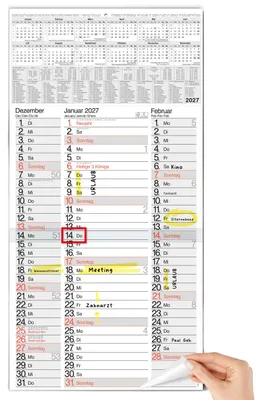 Produktbild von 3 Monatskalender 2027 Wandkalender Nebeneinander Notizen Datumsschieber 30x59 cmmehrsprachig
