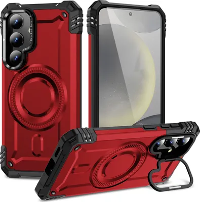 Produktbild von Magnetisch Hülle für Samsung Galaxy S25, Heavy Duty Militärischer Stoßfest Handyhülle Kamera-Ringständer Rot