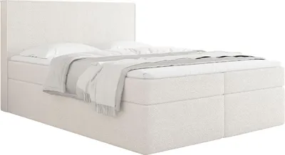 Produktbild von Boxspringbett 140x200 cm mit Bettkasten, Gepolstert Doppelbett mit 7-Zonen Taschenfederkern-Matratze, 5 cm Komfortschaum-Topper Inklusive – Stauraumbett mit hohem Kopfteil in Boucle Stoff Creme, Weiß
