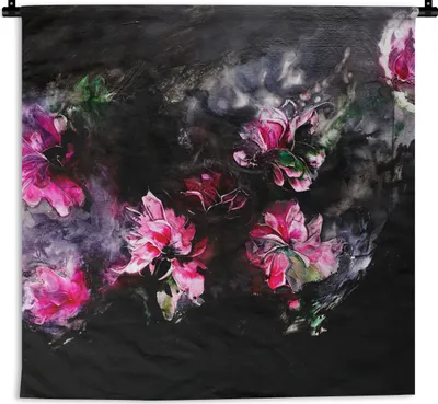 Produktbild von MuchoWow® Wandteppich Wandbehang Blumen - Kunst - Farbe - Rosa - Schwarz 150x150 cm Tapisserie Dekoration Wandtuch - Wohnaccessoires - Modernes