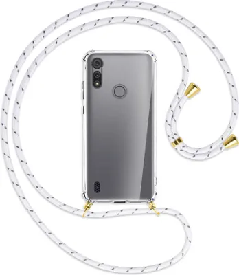 Produktbild von Handykette Backcover-Schutzhülle mit Band (Metall goldfarben) für Motorola Moto E6s - weiß/grau