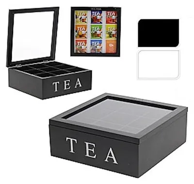 Produktbild von Theebox schwarz Holz Teekiste 9 Fächer 23x23x9cm Glasdeckel