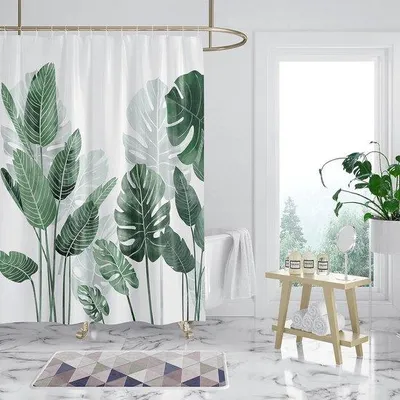 Produktbild von Famanu Duschvorhang 240 x 200 cm mit grünem Blattdesign - wasserabweisend, waschbar