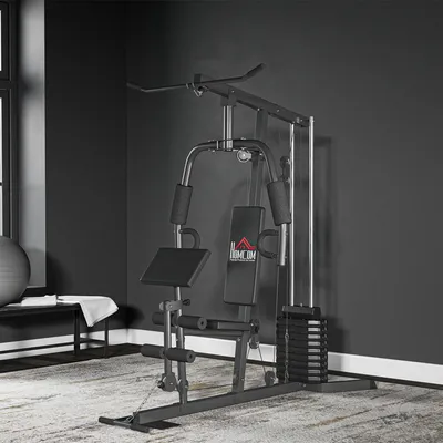 Produktbild von Kraftstation mit Gewichtsblock, Multistation Heimtrainer Stahl Kunstleder, Schwarz | 180x108x200 cm | 45 kg | Latzug & Butterfly