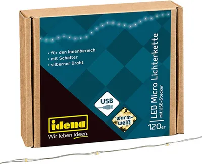 Produktbild von Micro Lichterkette 120LED,USB warmweiß Schalter, Silberdraht, 13,40m