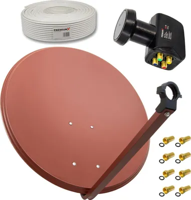A collection of satellite dish components including a dish, LNB, cable, and connectors, laid out on a white background.