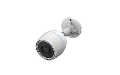 A white security camera with a black lens and blue accents, mounted on a white bracket, is shown against a white background.