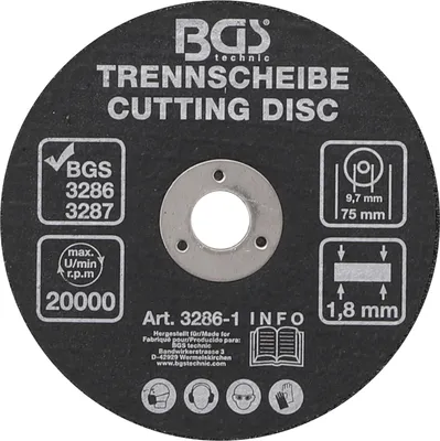 A close-up, top-down view of a cutting disc with various specifications and safety icons printed on it.