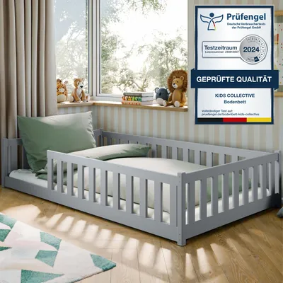 Produktbild von Kinderbett Bodenbett 120x200 cm mit Rausfallschutz & Lattenrost Montessori Bett Bed Gitterbett Kinder Jugendbett Einzelbett | Aschgrau