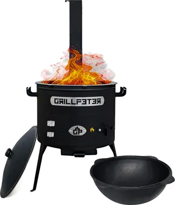 A black cast iron cooking pot with a chimney and a separate pot base, set against a white background.