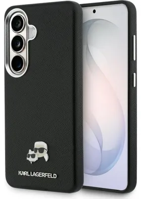 Image de Coque de téléphone pour Galaxy S26, Karl Lagerfeld Saffiano Full Wrapped MagSafe, noire avec Karl Lagerfeld et son chat Choupette