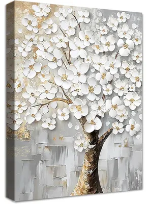 Productafbeelding van Canvas schilderij met lijst, abstracte bloem, levensboom, 40x60 cm, witte bloemen