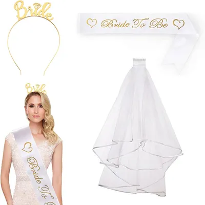 Produktbild von Bachelorette Party Set, Bride to Be Schärpe, Tiara und Schleier, goldfarben, für Junggesellinnenabschied