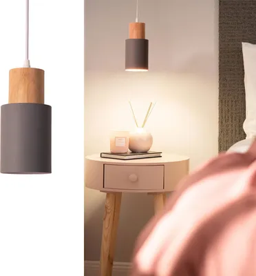 Produktbild von "KIRA" Pendelleuchte aus grauem Metall und Holz – skandinavischer und moderner Stil E27
