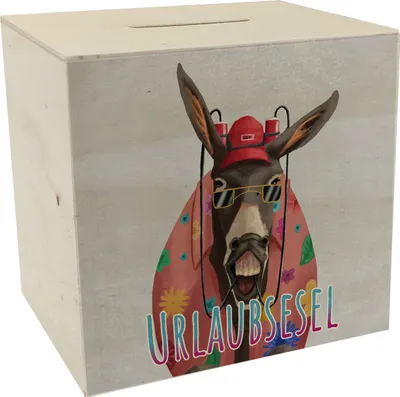 Produktbild von Spardose aus Holz mit lustigem Tier und Text für Urlauber - Urlaubsesel